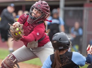 City College sophomore catcher Allie Cheetham gets the ball too late to tag out a home run by Cabrillo College Feb. 15 at The Yard. City College lost in the bottom of the fifth, 12-4. Dianne Rose | Staff Photographer | dianne.rose.express@gmail.com