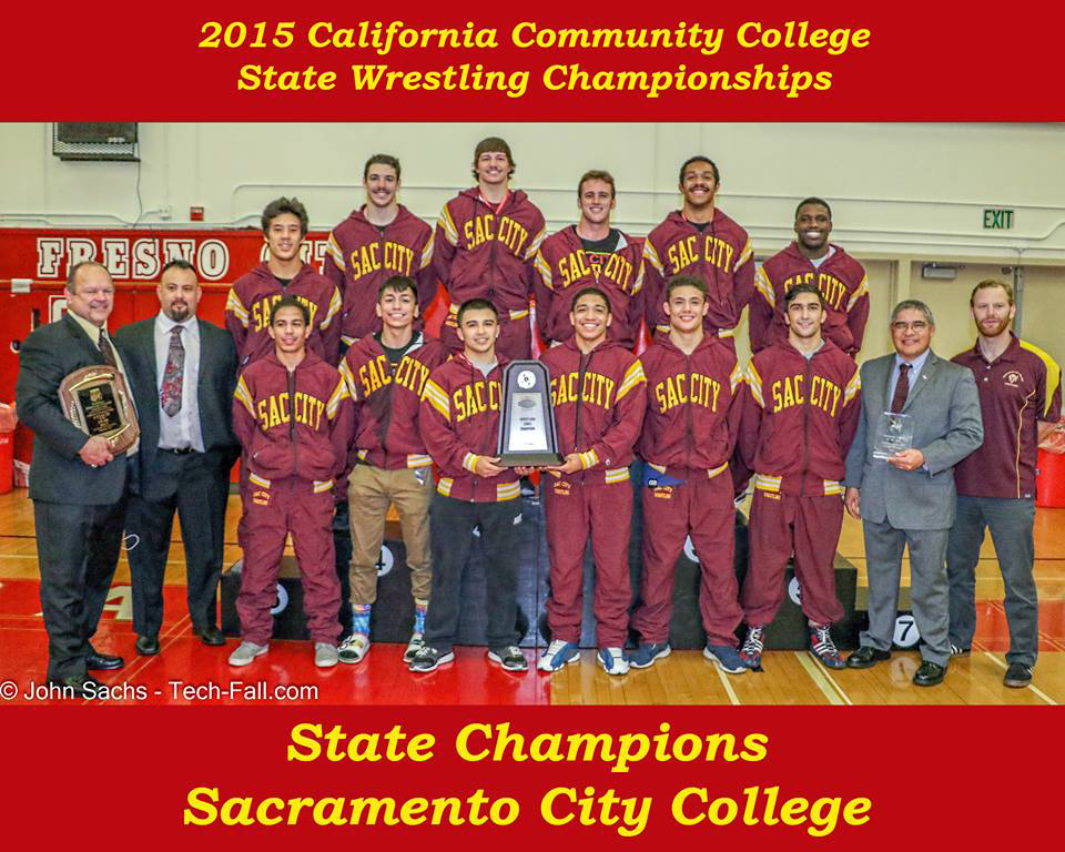 The City College wrestling team poses for its celebratory photo after defeating heavily favored Fresno City College for the state title. Photos courtesy of John Sachs · tech-fall.com