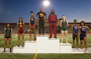 City Colleges Sianna Willis (left) Jazmine Smith and Lonsha Bradford finish fifth, first and second overall in the 200 meter dash at the Big 8 Conference Championship at Hughes Stadium on Apr. 27th. ©2017 Dianne Rose