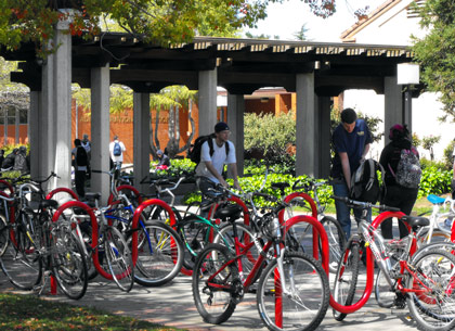 Students park and lock their bikes at the main quad bike racks. Photo by Monica Lungu.