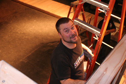 City College theater technician Scott Bailey Builds setsfor an upcoming production. Photo by || Allison Valenzuela || valenzam@imail.losrios.edu