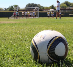 A soccer ball on a field.