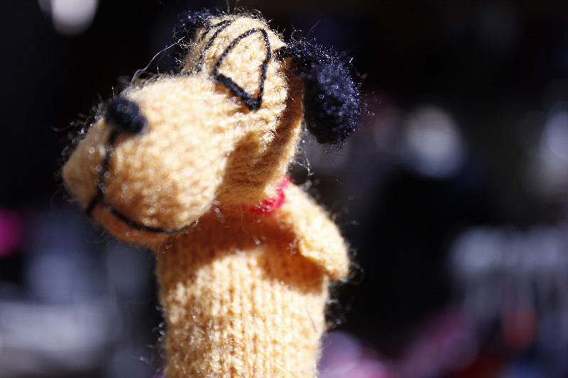 A finger puppet of a dog.