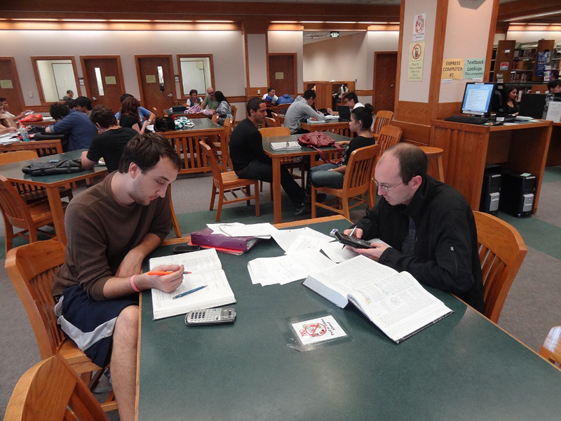 Two+men+are+studying+at+a+table+inside+the+library.