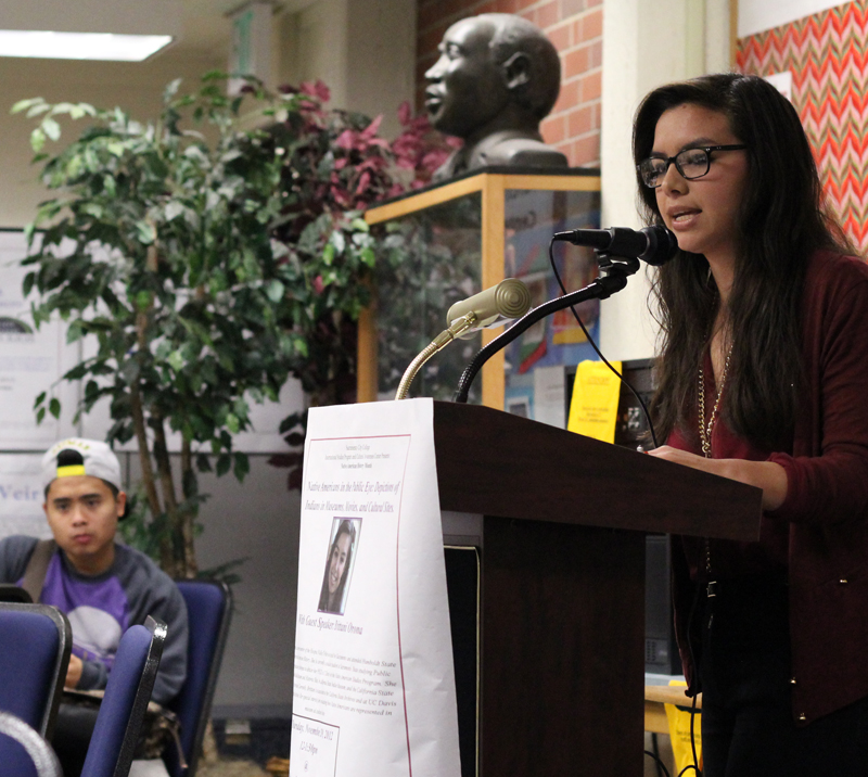 PICTURE OF THE DAY-Nov. 29, 2012.  Former City College student Brittani Orona, speaks to students in the Cultural Awareness Center about the depiction of Native Americans in museums.  Evan E. Duran | evaneduran@gmail.com