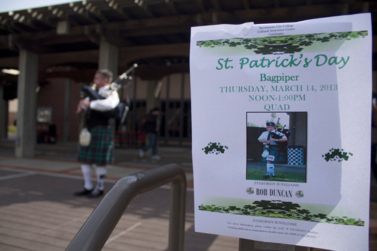 PICTURE OF THE DAY – 3/14/13 Professional bagpipe player Rob Duncan performs in the quad to observe St. Patricks Day on Mar. 14. | Harold Williams | haroldwilliams2@yahoo.com