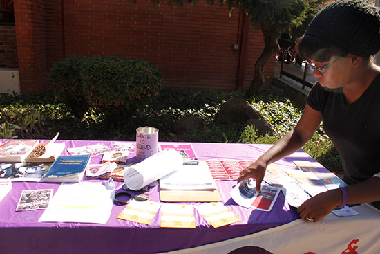 PICTURE OF THE DAY – 3/12/13 Anthropology major Autumn Thomas-Morales set up her table out side of the City Cafe to promote W.O.R.D. Sacramento (Women Organized to Resist and Defend). | Nicole Hernandez-Tapia | htfamily@live.com