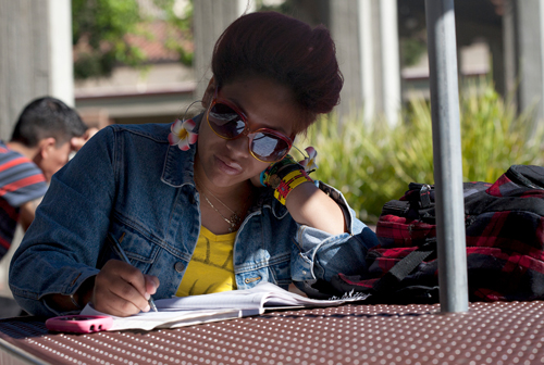 PICTURE OF THE DAY – 4/10/13 Stephanie Contreras, 24, sign language studies major, goes over her notes in the tables outside the City Cafe on a sunny morning April 10. | DeWayne Wallace | supremefotos@live.com