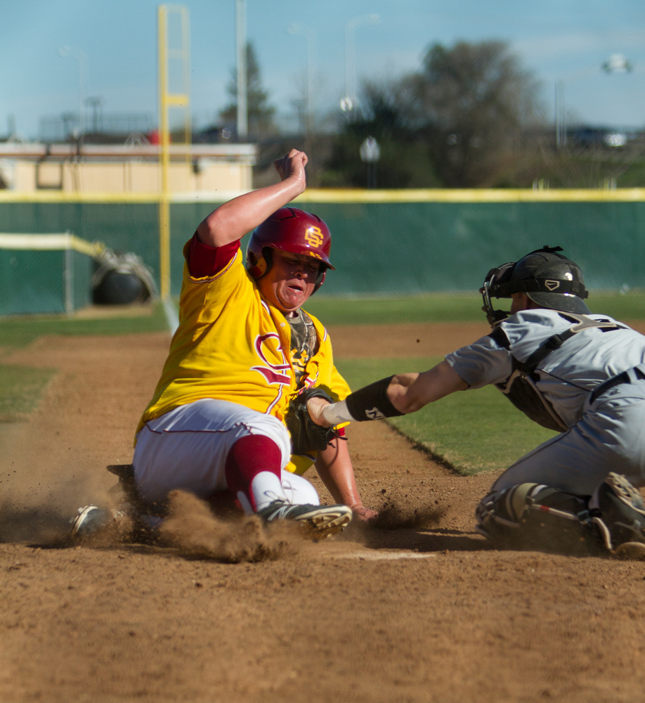 Panthers infielder Timothy Hall is safe at home Feb. 22 when City Colleges baseball team defeated Butte Colleges Mustangs Feb. 22. The Panthers victory marked a three-for-three winning streak against the Roadrunners. Tamara M. Knox| Online Photo Editor | tmrknox@gmail.com

