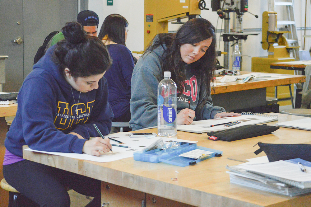 City College students Deborah Vega (left), major undecided, and communications major Nicole Graham work on a collage piece project March 26 during ART 320. Emily Foley | Staff Photographer | emmajfoley@gmail.com