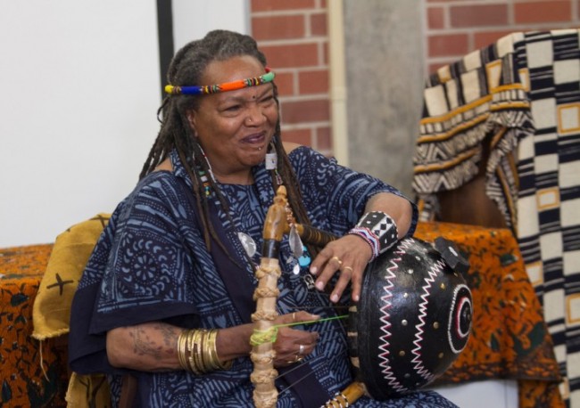 Musician and poet Charlotte ONeal, a former Black Panther and co-founder of the United African Alliance Community, plays her african instrument for students of Professor Gerri Scotts Umoja course March 11 in the Cultural Awareness Center.  Photo by Tamara M. Knox  l  Online Photo Editor l tmrknox@gmail.com