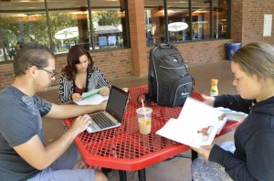 City College students Dillon Wolcott, engineering major,  Lindsey Dotson, psychology major, and DeJahnae Henderson,  RN/nursing major,   (right)  work on homework  outside the City Cafe before their next class.  <span id=