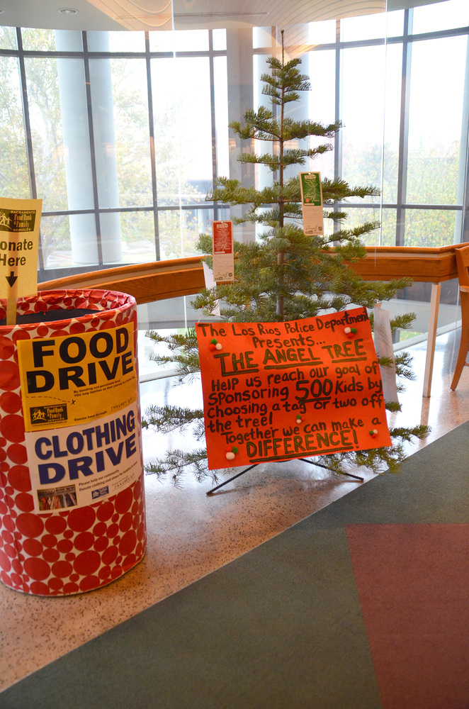 A food and clothing drive is underway inside City College’s library benefiting the Sacramento Food Bank. Next to the Sacramento Food Bank drive, the Los Rios Police Department displays a tree with four remaining tags in hopes for the children to get sponsored by City College students, staff and faculty. The tags describe the childrens ages, shoe and clothes sizes as well as a desired toy. Elizabeth Ramirez | Staff Photographer | elizabethramirezexpress@gmail.com