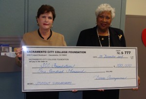 Director of Advancement Mary Leland and City College President Dr. Kathryn Jeffery celebrate the $100,000 anonymous donation received over the winter recess. Photo courtesy of Mary Leland.