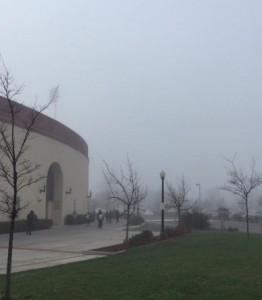 Hughes Stadium shrouded in fog on Tuesday morning. Photo by MJ Ongoy // Social Media Manager <span id=