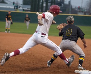 Levi Shandrew, City College freshman catcher, was called out at first as J.D. McDonnell, Chabot College freshman first baseman, keeps his eye one the ball in the eigth inning at Union Stadium on Feb. 5th. Dianne Rose/dianne.rose.express@gmail.com