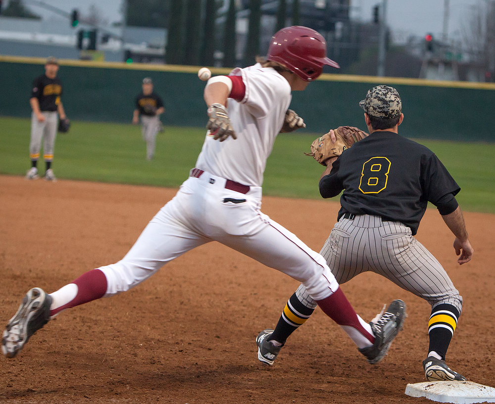 Levi Shandrew, City College freshman catcher, was called out at first as J.D. McDonnell, Chabot College freshman first baseman, keeps his eye one the ball in the eigth inning at Union Stadium on Feb. 5th.
Dianne Rose/dianne.rose.express@gmail.com