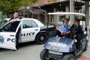 City College  campus police share a laugh together outside Rodda North Hall March 16, 2015. | Chris Williams | <span id=