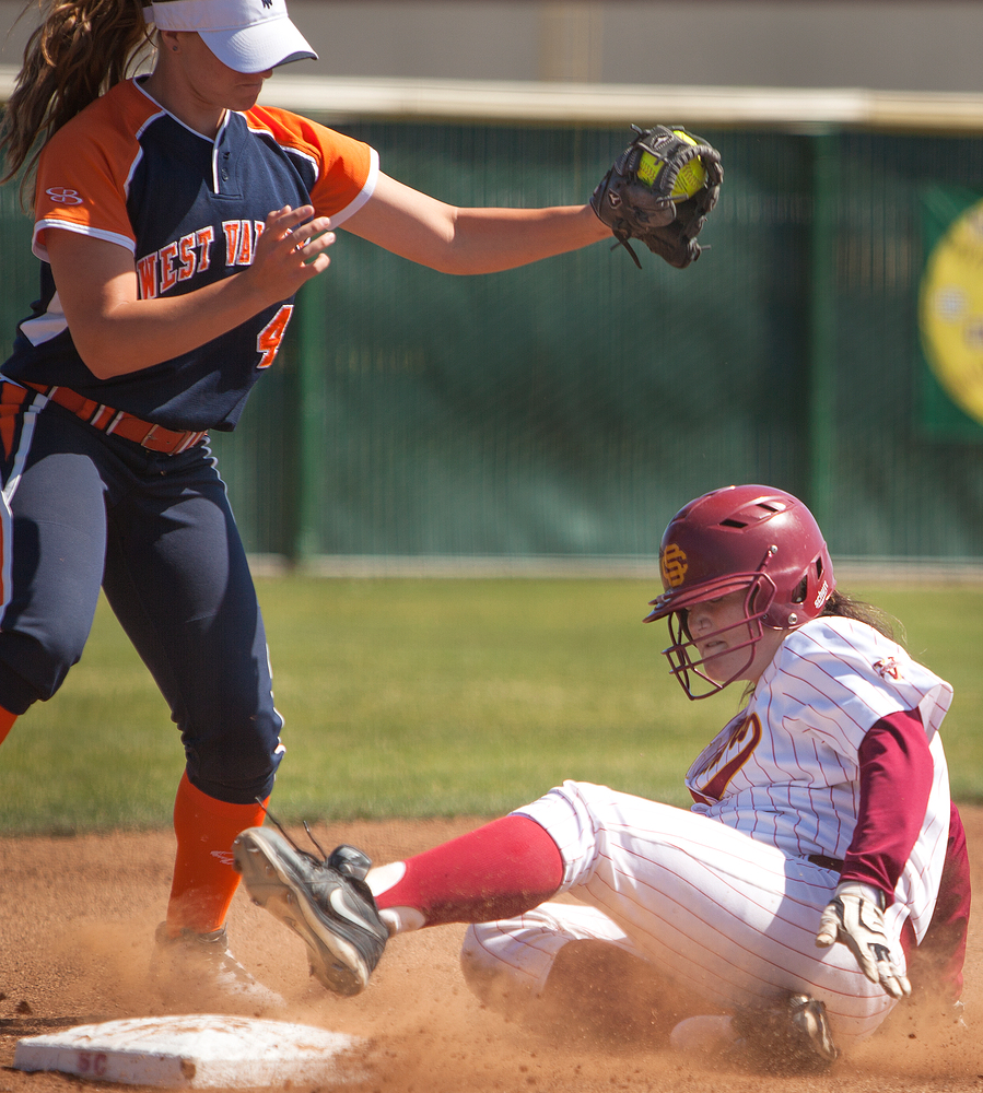 Kaiylyn Leffle, City College freshman catcher, slides into third after a triple, hit deep to left field, in the first game of a double hitter against West Valley College at The Yard on April 4th.

Dianne Rose/dianne.rose.express@gmail.com