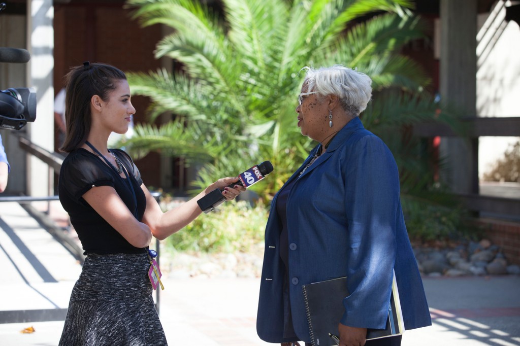 City College President Kathryn Jeffery answers questions the day after the Sept. 3 on-campus shooting from FOX40 reporter Ali Wolf. Vanessa Nelson | Photo Editor | vanessanelsonexpress@gmail.com