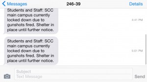 A screenshot of a student's phone shows the exact time they got the text message alert that the campus was on lockdown because of the shooting, Sept. 3, 2015.