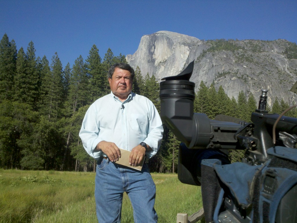 Rich Ibarra prepares to report from Yosemite National Park for KCRA 3, one of the local television stations he worked for. (Photo Courtesy: Rich Ibarra)