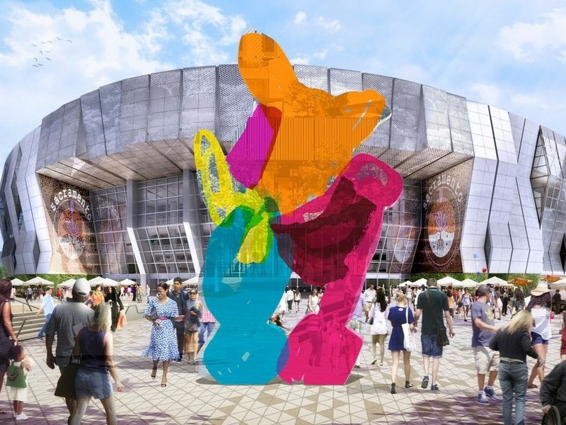 A rendering of the Sacramento Kings stadium, with Koons Coloring Book sculpture in the foreground.