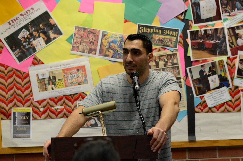 Remi Kanazi, Palestinian-American performance poet, talking and  performing to City College students in Cultural Awareness Center about his new poetry.  The poems are from his new book called 