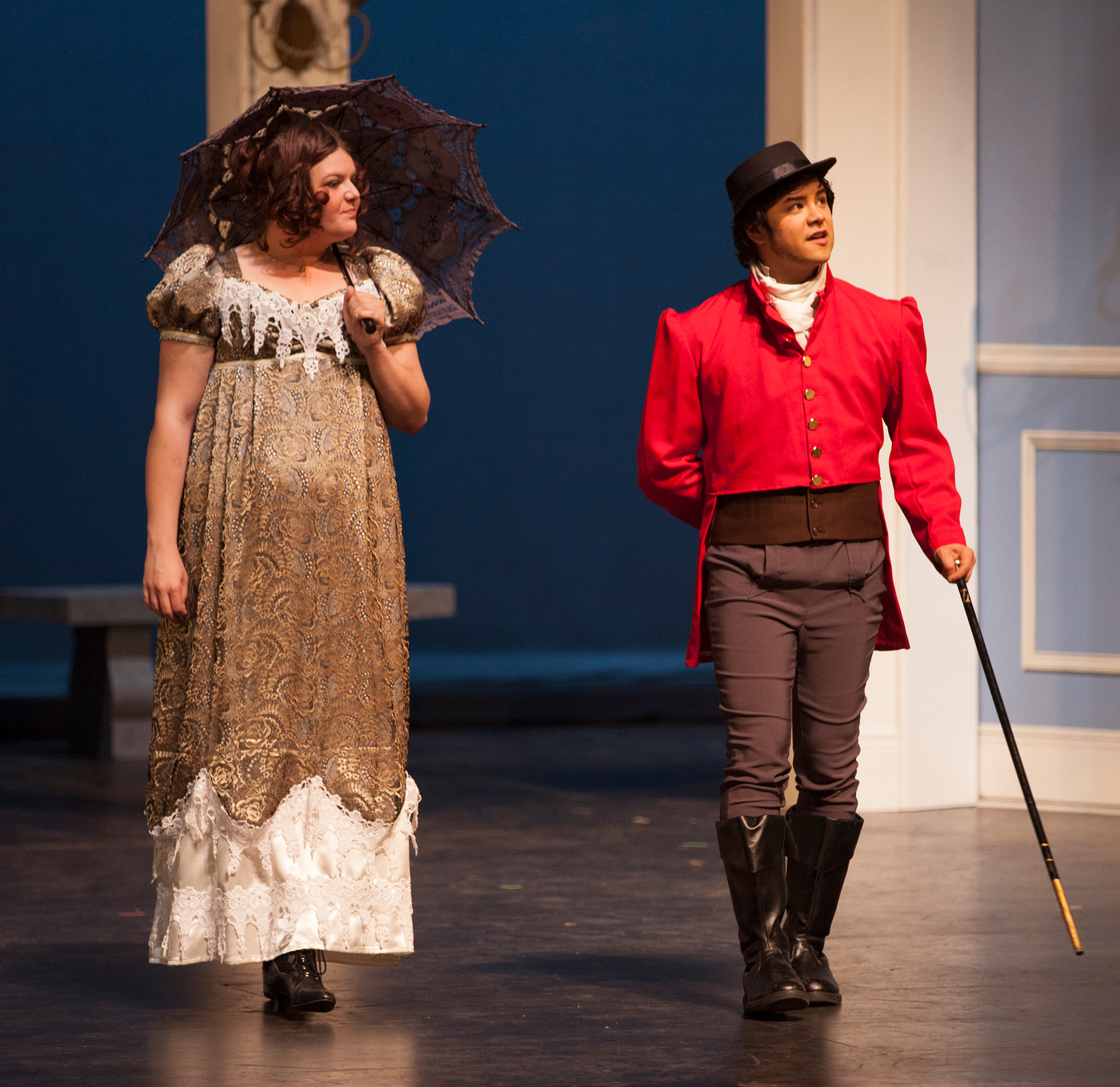 Elizabeth Benett, played by Denise Ivy, and George Wickam, played by Brennan Villados, meet for the first time in the play "Pride and Prejudice," put on by City Theatre at City College. Vanessa Nelson, Photo Editor. | vanessanelsonexpress@gmail.com