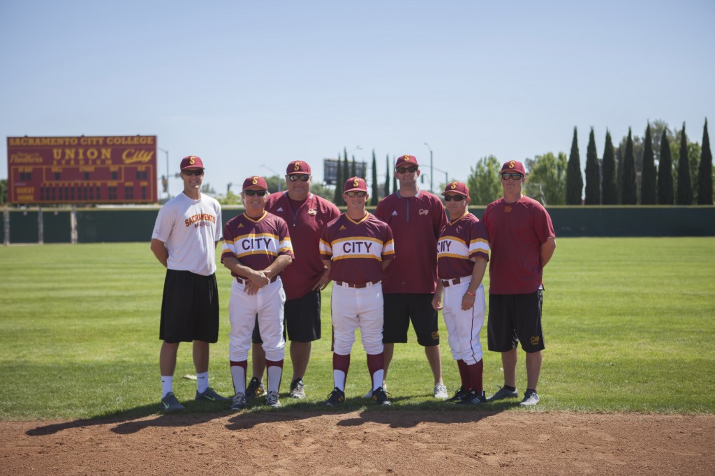 City College Panthers baseball coaching staff includes former City College students 9left) Bo Henning, Lynn Beck, Peter Pryor, Derek Sullivan, Drew Henning, Deskeheh Bomberry and Matt Surges. All work together to coach the Panthers baseball players. | Photo by Vanessa S. Nelson. vanessanelsonexpress@gmail.com