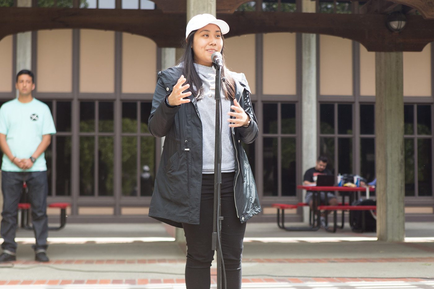 City College student Melody Jimenez, political science major, speaks to students in the Quad during candidate forums April 7, 2016. Jimenez was appointed April 20 as the Student Senate presidential candidate, but must await approval from the 2016-2017 board and Interim President Michael Poindexter.  Hector Flores, Staff Photographer. | hectorfloresexpress@gmail.com