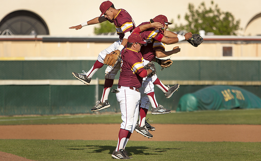 City College infield celebrates April 14 after winning the game against Santa Rosa College at Union Stadium. Photos by Dianne Rose. | dianne.rose.express@gmail.com