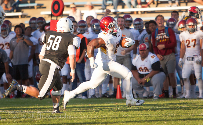 Tyree Hanson, City College sophomore running back gets the first down with third and short in the first quarter against Modesto Junior College  at the Modesto College stadium on Sept. 17th.  ©2016 Dianne Rose