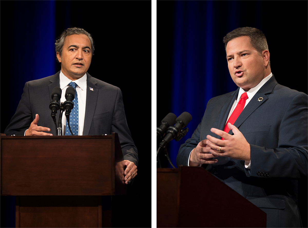 Democratic U.S. Rep. Ami Bera (L) and Republican, Sacramento County Sheriff Scott Jones in a debate for the highly competitive 7th Congressional District seat at the KVIE television studios in Sacramento, Calif. on Tuesday, October 18, 2016. Pool photos by Jose Luis Villegas/Sacramento Bee 
