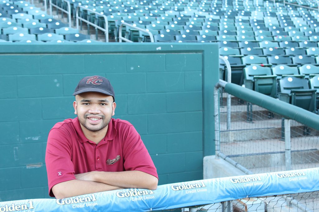 Nick Hunte at the third base camera well at Raley Field, Nov. 3, 2016 | Guillermina Bedolla, Staff Photographer | guillerminabedollaexpress@gmail.com