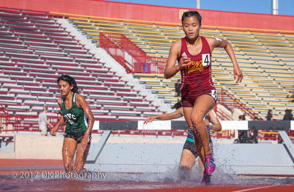 Jasmine Loyola, City College freshman finishes second in the 3000 meter steeplechase at the Big 8 Conference Championship at Hughes Stadium on Apr. 27th ©2017 Dianne Rose