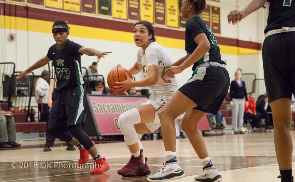 Madison Coleman, City College freshman guard drives to the basket in the first half of the game against Diablo Valley in the North Gym on Jan. 11th. ©2018 Dianne Rose