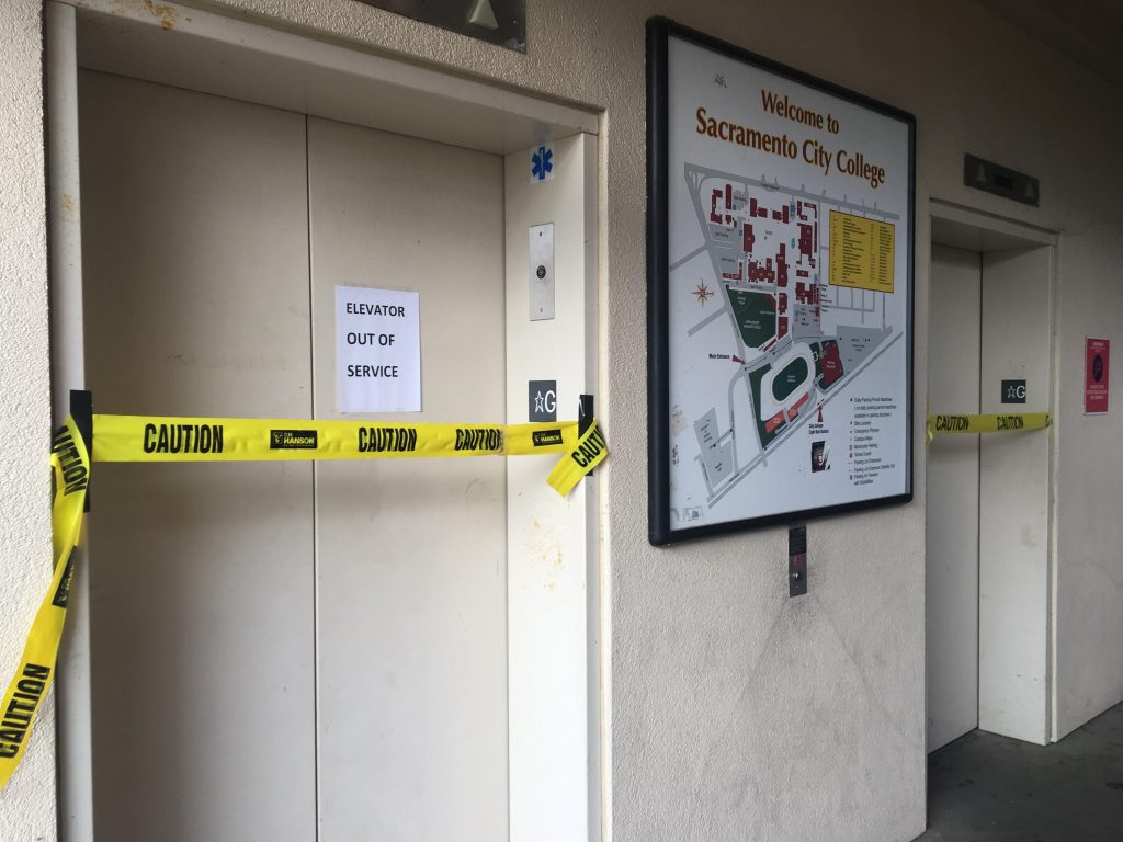 Both of the elevators in the campus parking structure were out of commission Feb. 13. Photo by Nita Gardipee | Staff Reporter | ngardipee.express@gmail.com