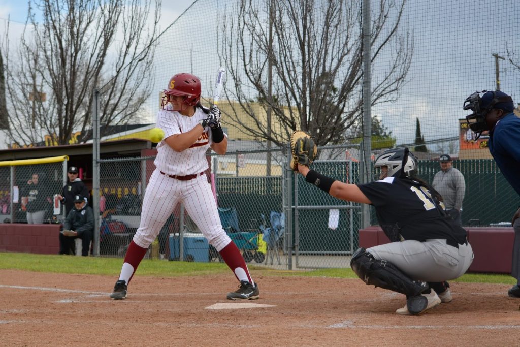 City+College+sophomore+Marissa+Rocha+steps+up+to+the+plate+March+17+at+The+Yard+against+San+Joaquin+Delta+College.+The+Panthers+split+two+games+of+a+double-header+Saturday.+%7C+Photo+by+Jason+Pierce+%7C+jpierce.express%40gmail.com