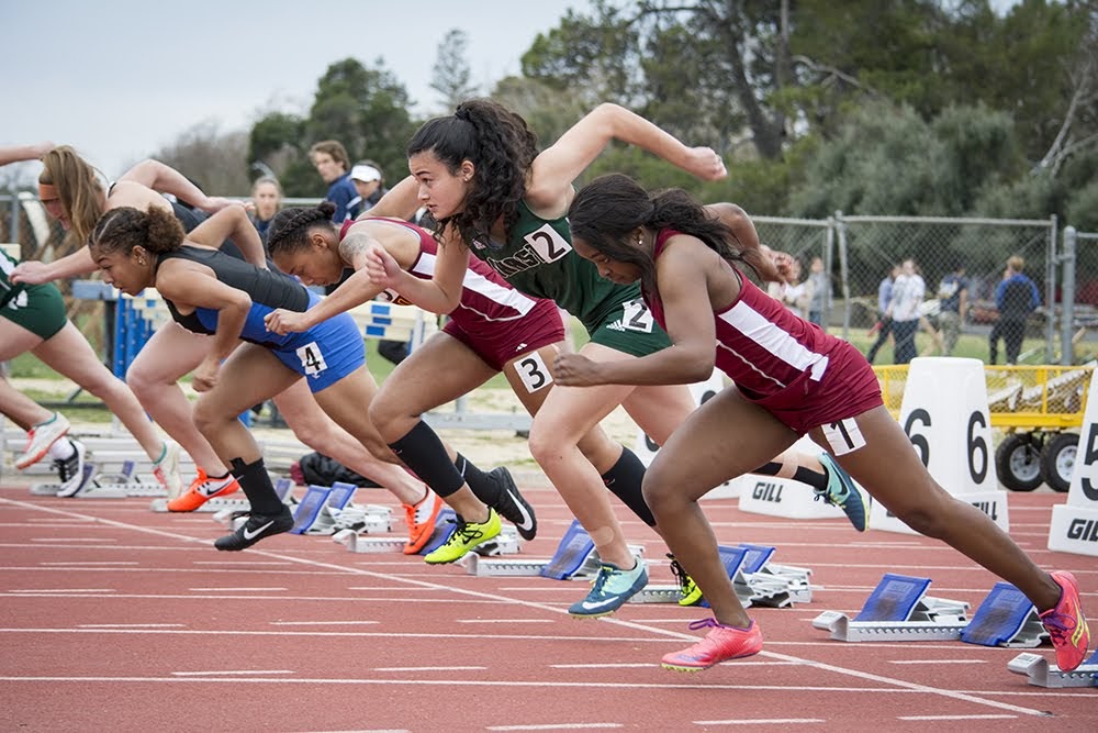 City College sprinters Alanah Longmire (No. 1) and Ayanna Wade (No. 3) race out of the starting blocks during the 100-meter dash March 10 at the UC Davis Aggie Open. Photo by Jason Pierce | News Editor | jpierce.express@gmail.com