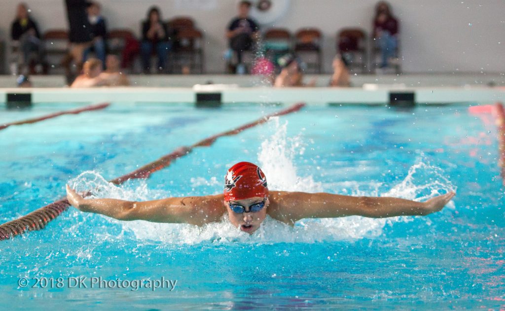 City College sophomore Matt Lemire competes in the 200-yard butterfly Feb. 23 at Hoos Pool. Lemire has been the Panthers top distance swimmer this season. | Photo by Dianne Rose | diannekayphotos@gmail.com