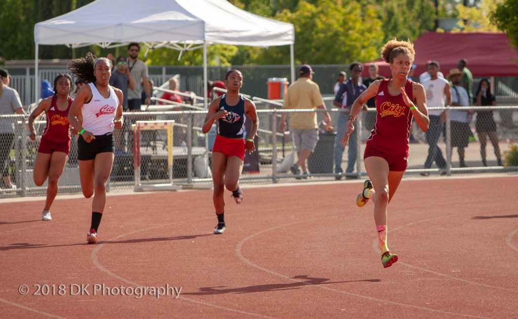 City+College+freshman+Daryia+Greene+%28far+right%29+wins+the+400-meter+preliminary+heat+May+4+at+Hughes+Stadium.+Greene+will+contend+for+the+NorCal+title+May+11.+%7C+Photo+by+Dianne+Rose+%7C+diannekayphotos%40gmail.com