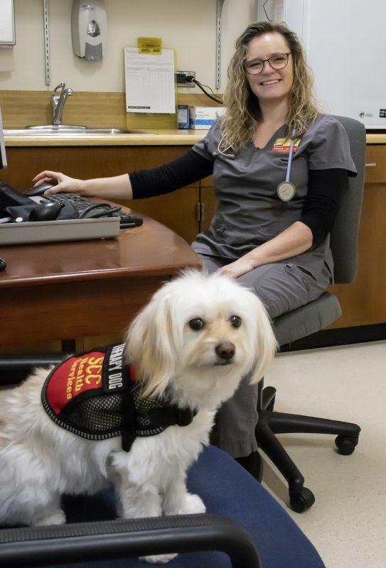 Wendy Gomez, college nurse, with Sadie, a Shihpoo, who is a therapy dog used in sessions at the Health Clinic in Rhoda Hall North at City College on Tuesday, March 5, 2019. Photo by Sara Nevis | Staff Photographer | snevis.express@gmail.com