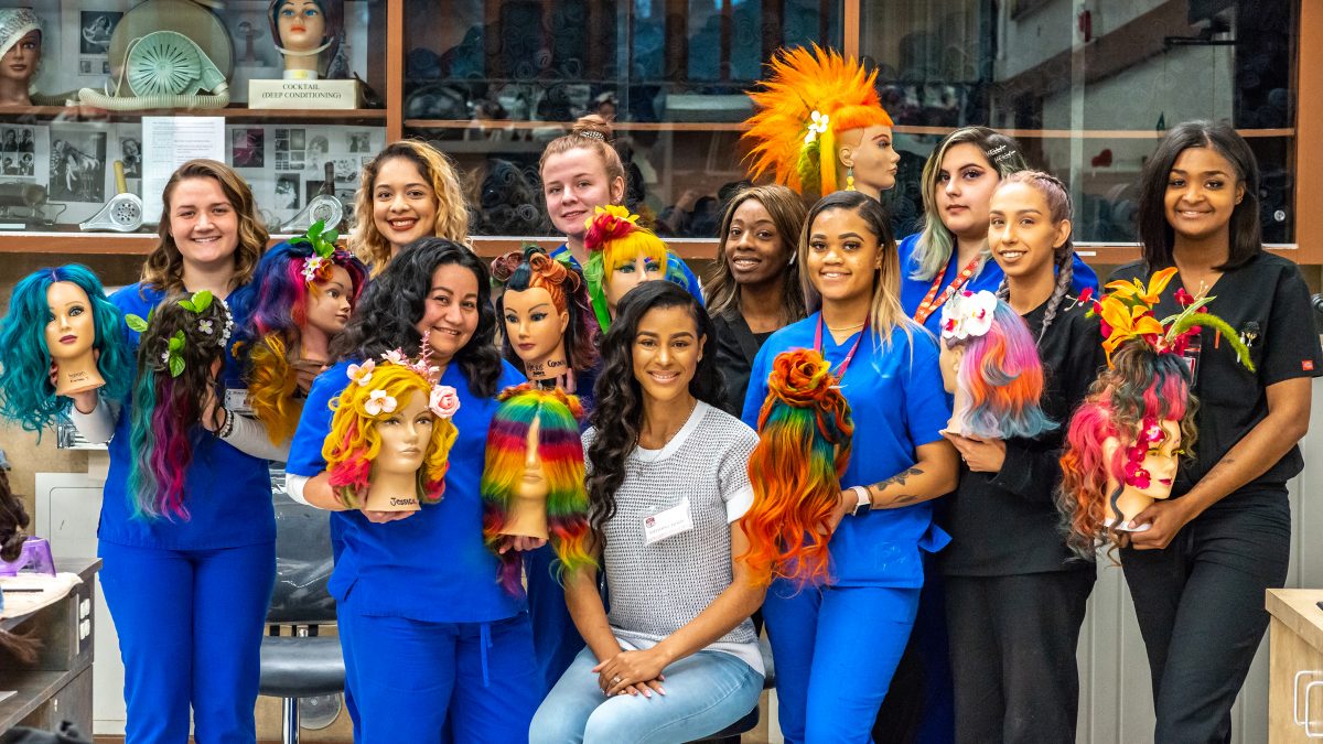 Participants of The Student Underground beauty competition in Sacramento showing their work. (left to right rear: Catelyn Cooper, Alexcis Luera, Alexis Connelly, Lala Smart, Skyy Lindsay) (left to right front: Jessica Perez, Mrs. Stephanie Henry, Carmen Thurman, Mikayla Cervantes, Marion Green) | Cosmetology School | City College Campus | Thursday 03-28-2019 | Photo by Niko Panagopoulos | npanagopoulos.express@gmail.com