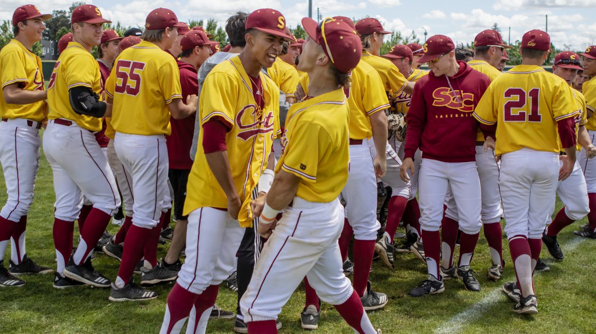 City College baseball team celebrates after the win against Ohlone College in game three of the NorCal Finals at Union Stadium at City College Monday, May 20, 2019. City College beat Ohlone College 6-2. City College will play game one of the State Championship against Orange Coast College Saturday, May 25, 2019, at 4 p.m.