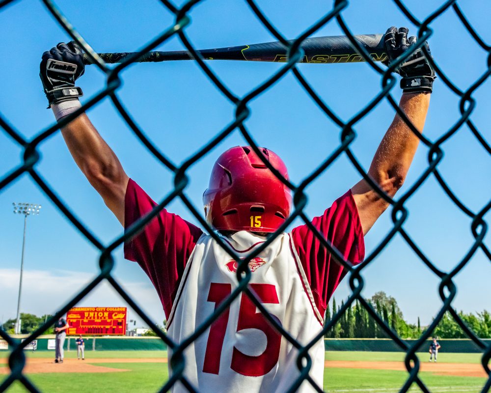 Panthers #15 Daniel Walsh stretching out before his turn at bat | Union Stadium - City College Campus | Sacramento, CA  | Thursday 05-09-2019 | Photo by Niko Panagopoulos | Staff Photographer | npanagopoulos.express@gmail.com