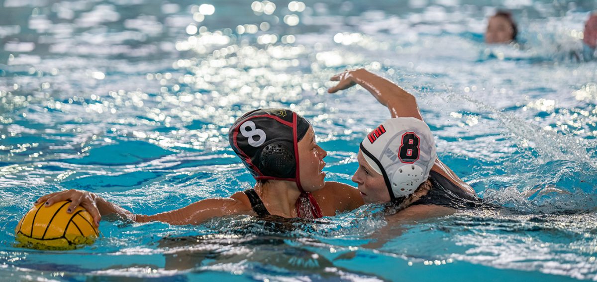 Rams Raylene McVicar (8) putting pressure on Panthers Laurel Williams (8) as she tries to position herself for a shot at the goal | Hoos Pool | Sacramento, Calif. | Wednesday 09-18-2019 | Rams beat Panthers 8-6 | Photo by Niko Panagopoulos | Staff Photographer | npanagopoulos.express@gmail.com