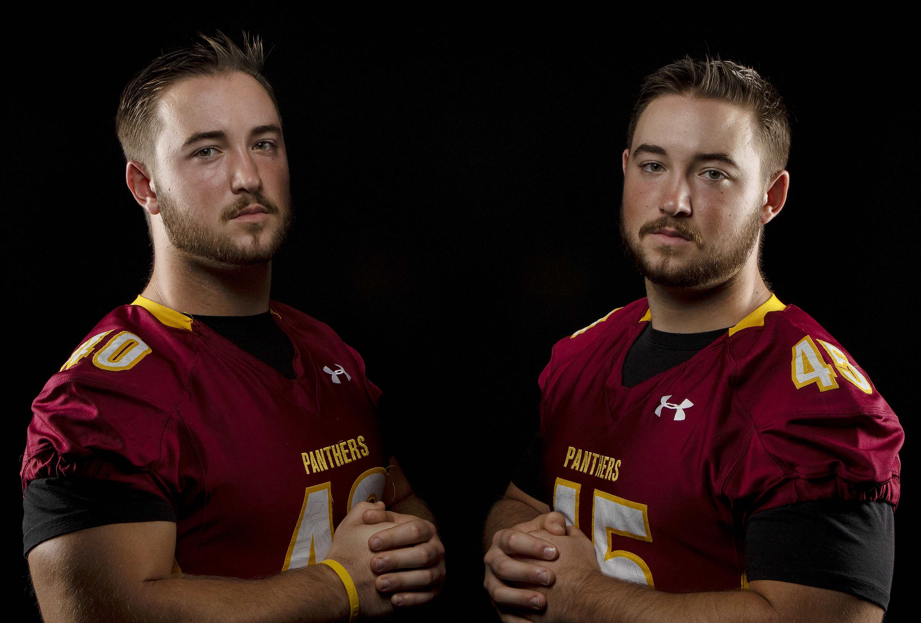 (left to right) Jet and Max Green, fraternal twins both play linebacker for City College, in the studio at City College Tuesday, Sept. 17, 2019. Photo by Sara Nevis | Photo Editor | snevis.express@gmail.com