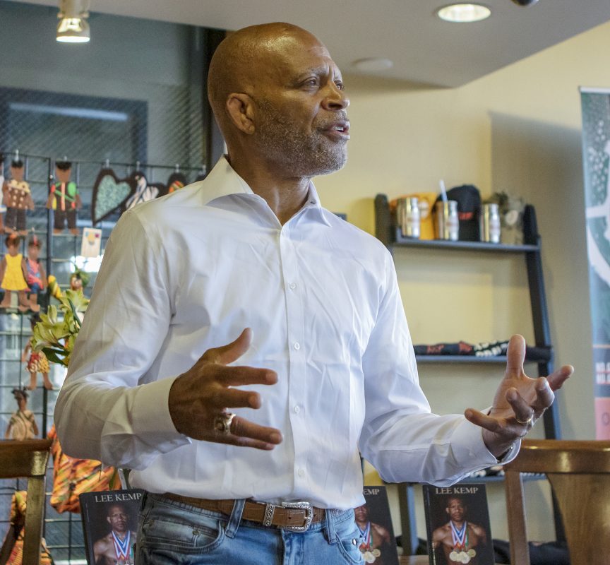 Author Lee Kemp, wrestling hall of famer and three-time Gold Medalist in the World Championships, talks about his story at the book signing of “Winning Gold” at Underground Books in Sacramento, California, Saturday, Nov. 23, 2019. (Sara Nevis/snevis.express@gmail.com)