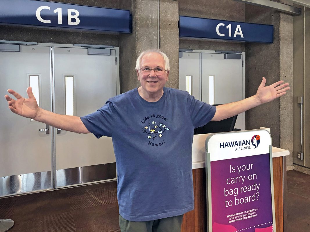 Cardiac arrest survivor Dick Schmidt, who was brought back to life Jan. 15, 2019, by a former City College football player and a City College nursing professor, a year later at the gate where he collapsed. (Photo by Jan Haag)